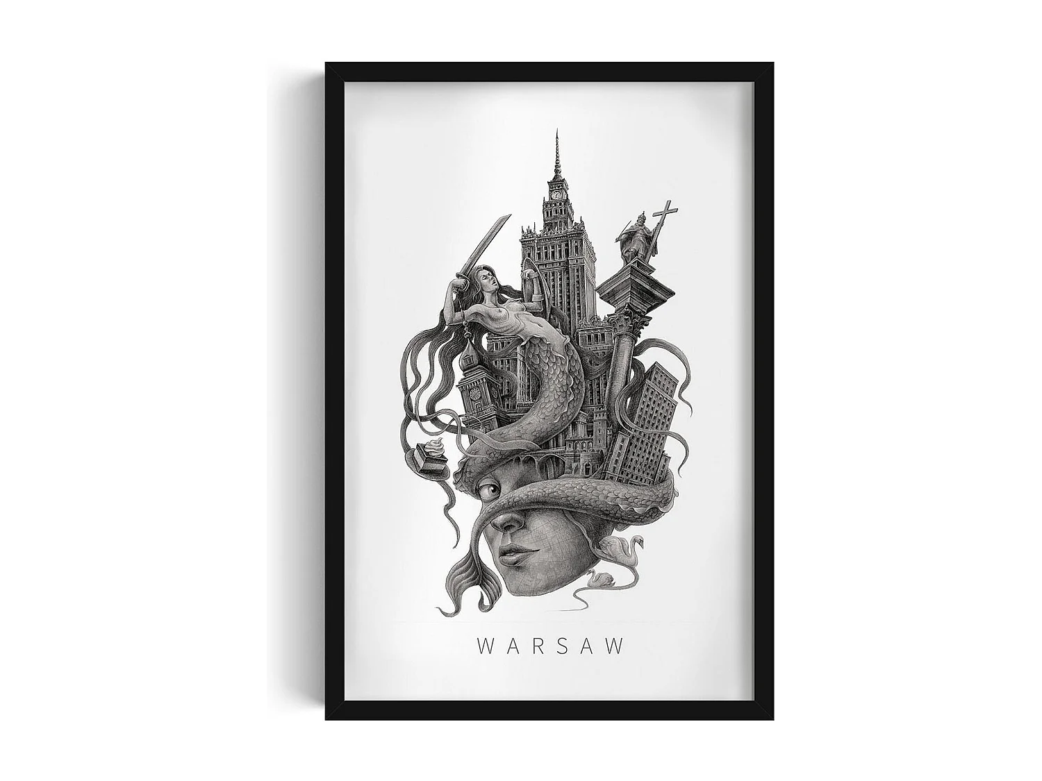 Ingelijste foto, Pools decor, zwarte lijst, kunst uit Warschau, minimalistische print uit Warschau, stadsontwerp 40x60 cm.