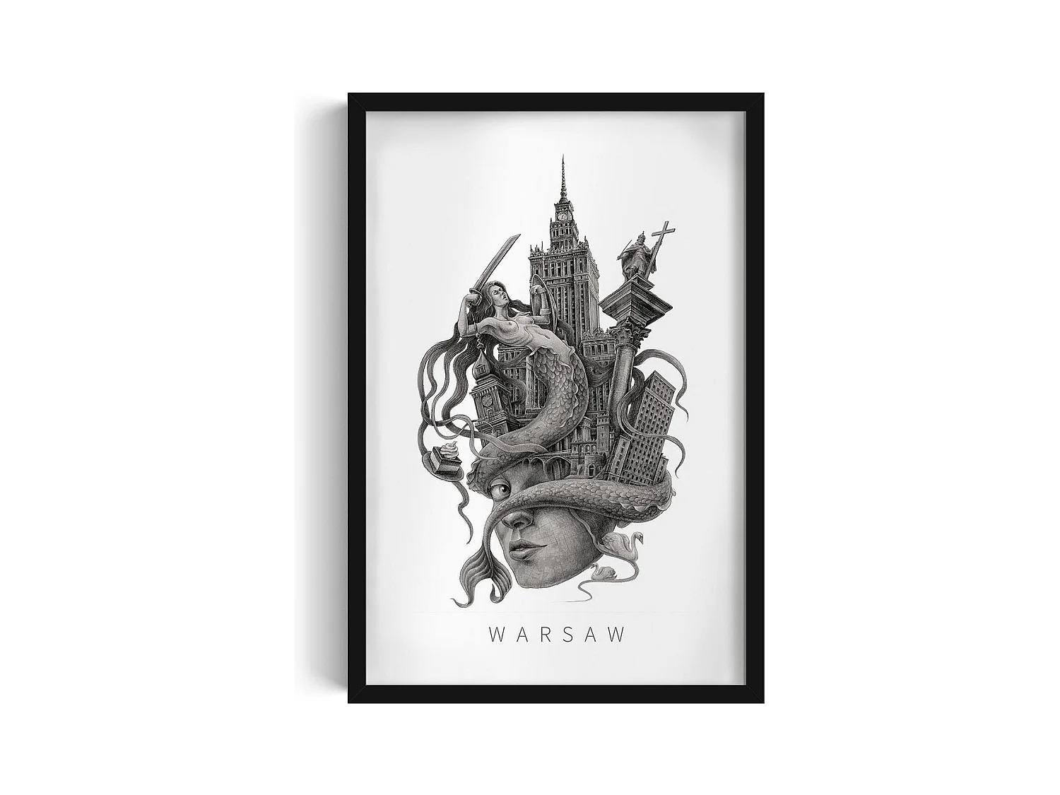 Image encadré, décor polonais, cadre noir, art de Varsovie, imprimé minimaliste de Varsovie, design urbain 40x60 cm.