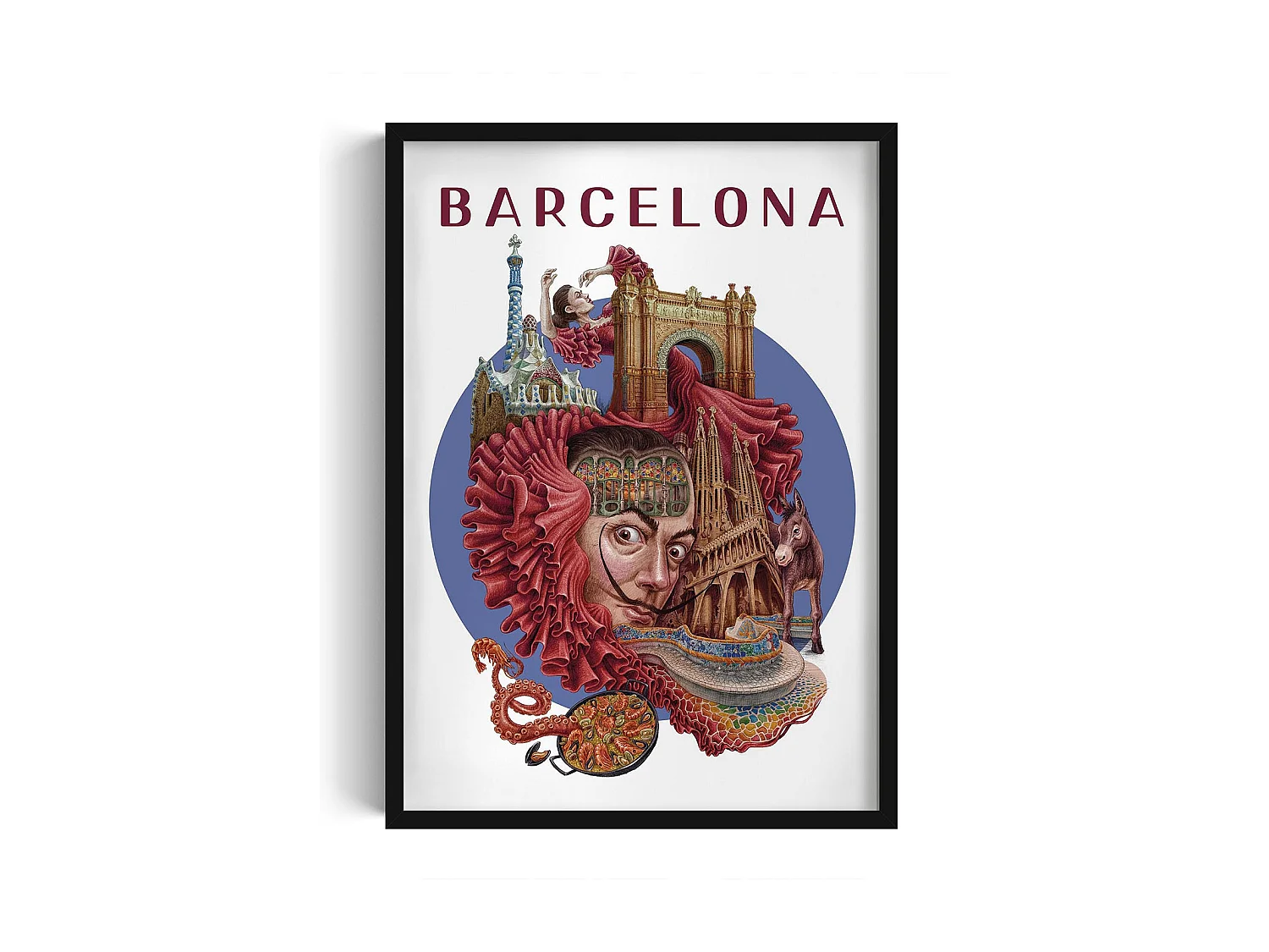 Image encadré, décor de ville espagnole, image cadre noir Barcelone, 50x70 cm art de Barcelone, imprimé urbain Barcelone.