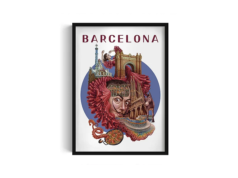 Gerahmtes Bild, spanisches Stadtdekor, schwarz gerahmtes Bild Barcelona, ​​50x70 cm Barcelona-Kunst, Barcelona-Stadtdruck.