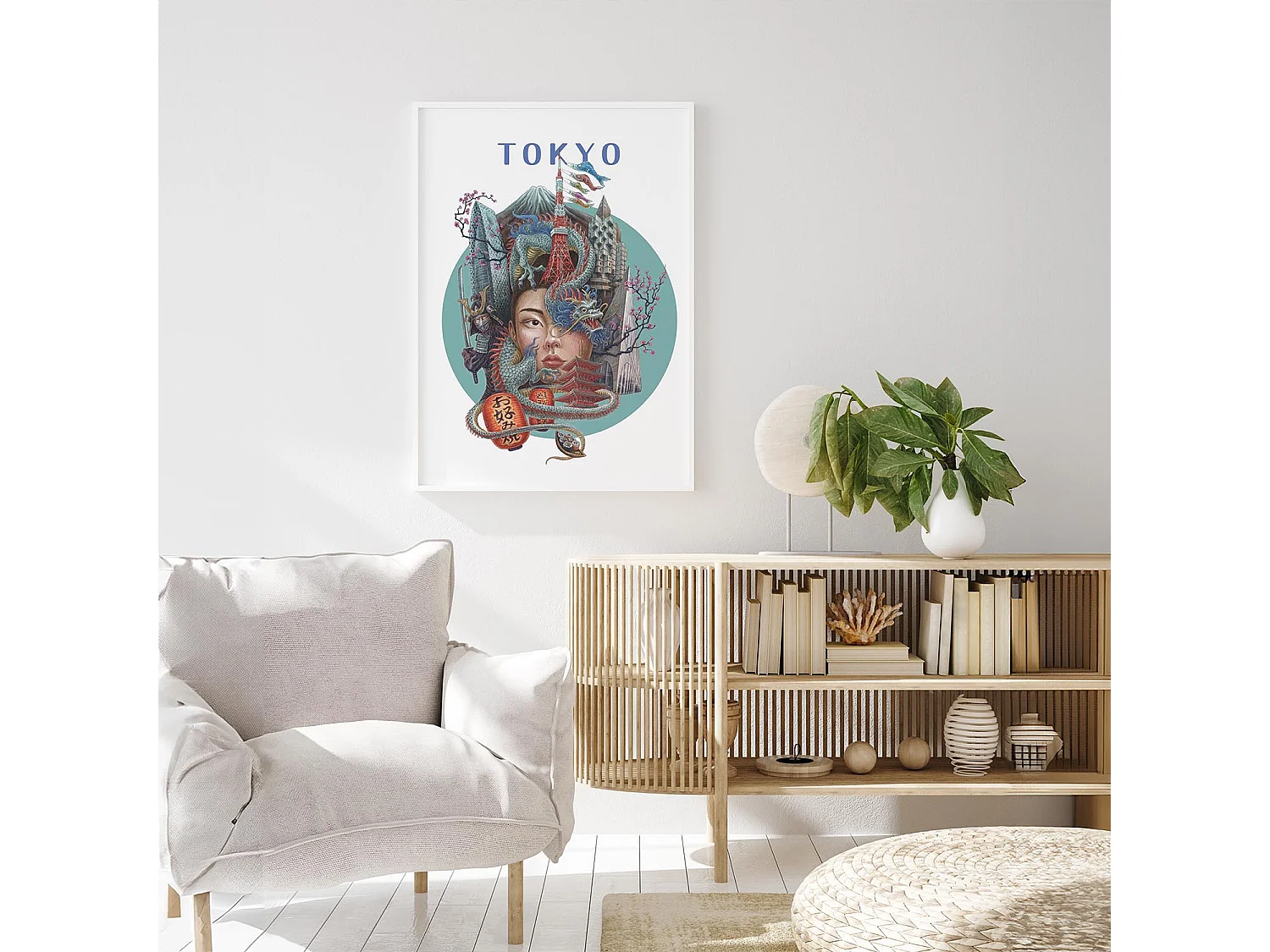 Ingelijste foto, Japans stadsdecor, Tokyo witte lijst, 70x100 cm Tokyo kunst, Tokyo stedelijke print.