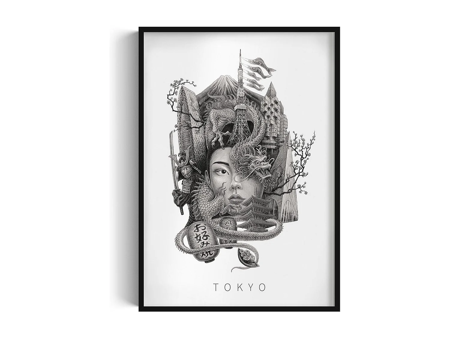 Gerahmtes Bild, raffiniertes japanisches Stadtdekor, schwarzer Kunstrahmen aus Tokio, Stadtbild aus Tokio, 70x100 cm.