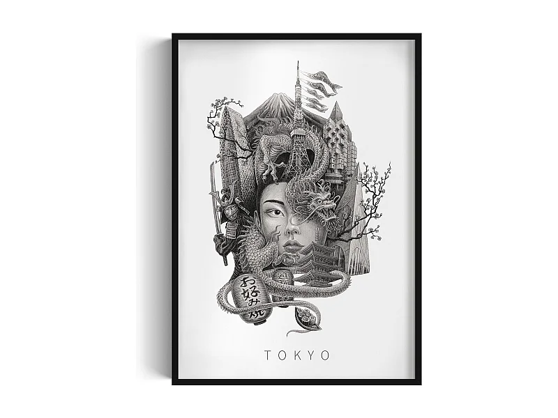 Gerahmtes Bild, raffiniertes japanisches Stadtdekor, schwarzer Kunstrahmen aus Tokio, Stadtbild aus Tokio, 70x100 cm.