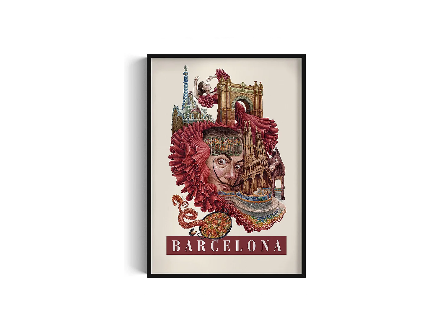 Image encadré, imprimé ville espagnole, art cadre noir Barcelone, décor urbain Barcelone, 70x100 cm.