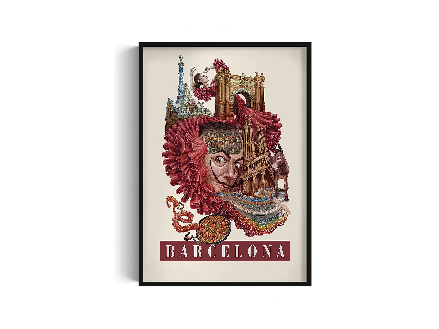Gerahmtes Bild, spanischer Stadtdruck, schwarze Rahmenkunst Barcelona, ​​städtisches Dekor Barcelona, ​​70x100 cm.