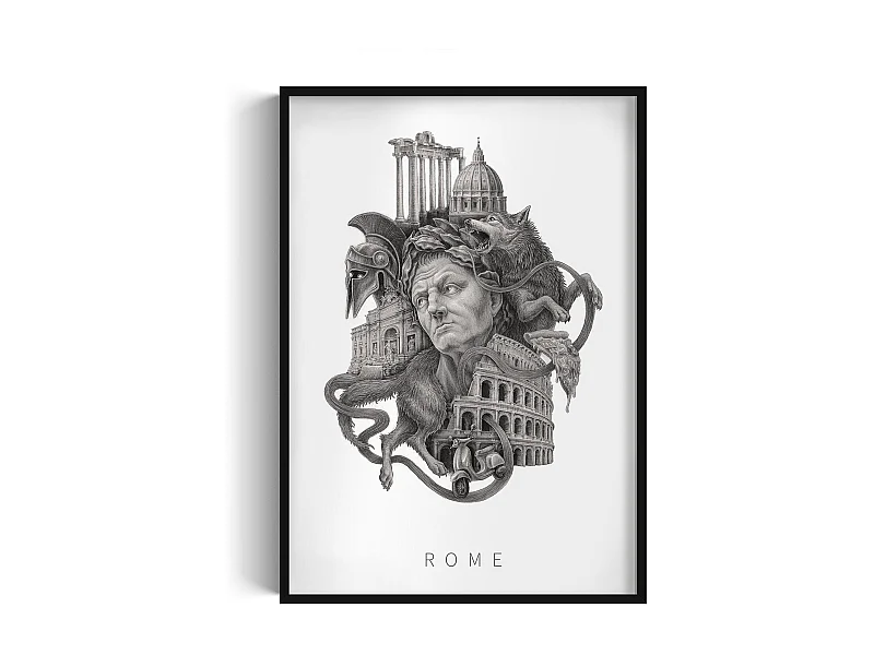Bild im Rahmen, elegante italienische Dekoration, Rom-Kunst schwarzer Rahmen, Stadtbild von Rom, Rom-Design 70x100 cm.