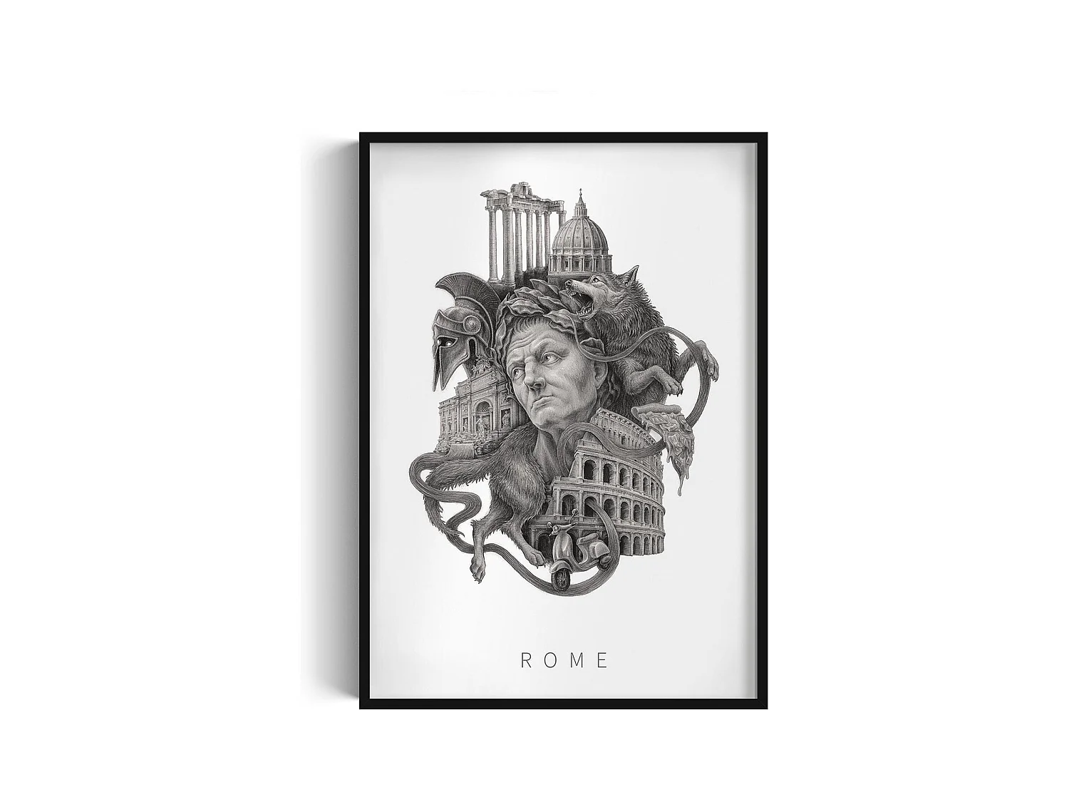 Image dans un cadre, décoration italienne élégante, cadre noir art Rome, image urbaine de Rome, design Rome 70x100 cm.