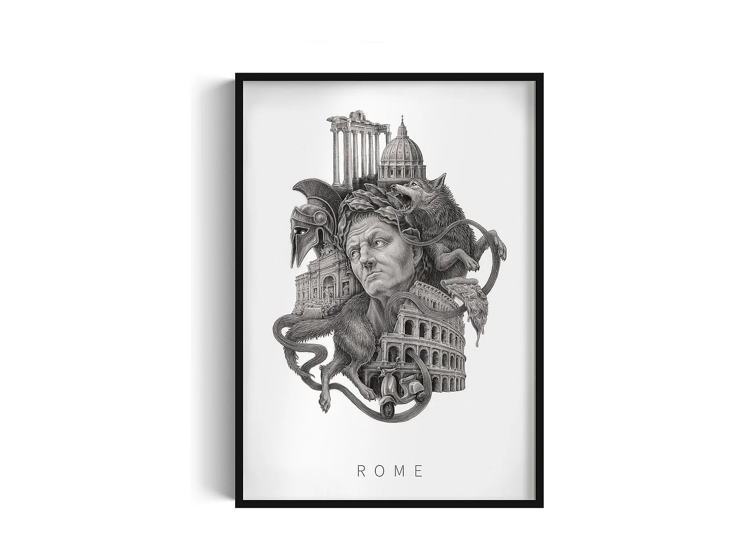 Bild im Rahmen, elegante italienische Dekoration, Rom-Kunst schwarzer Rahmen, Stadtbild von Rom, Rom-Design 70x100 cm.