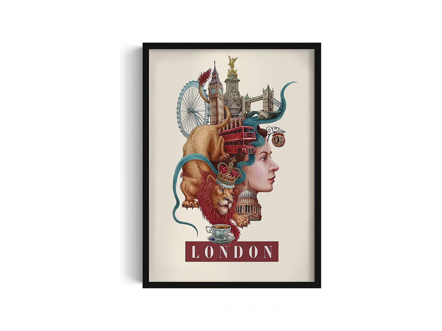 Gerahmtes Bild, Londoner Stadtdekor, schwarzer Rahmen Londoner Kunst, minimalistisches Londoner Stadtbild, 50x70 cm.