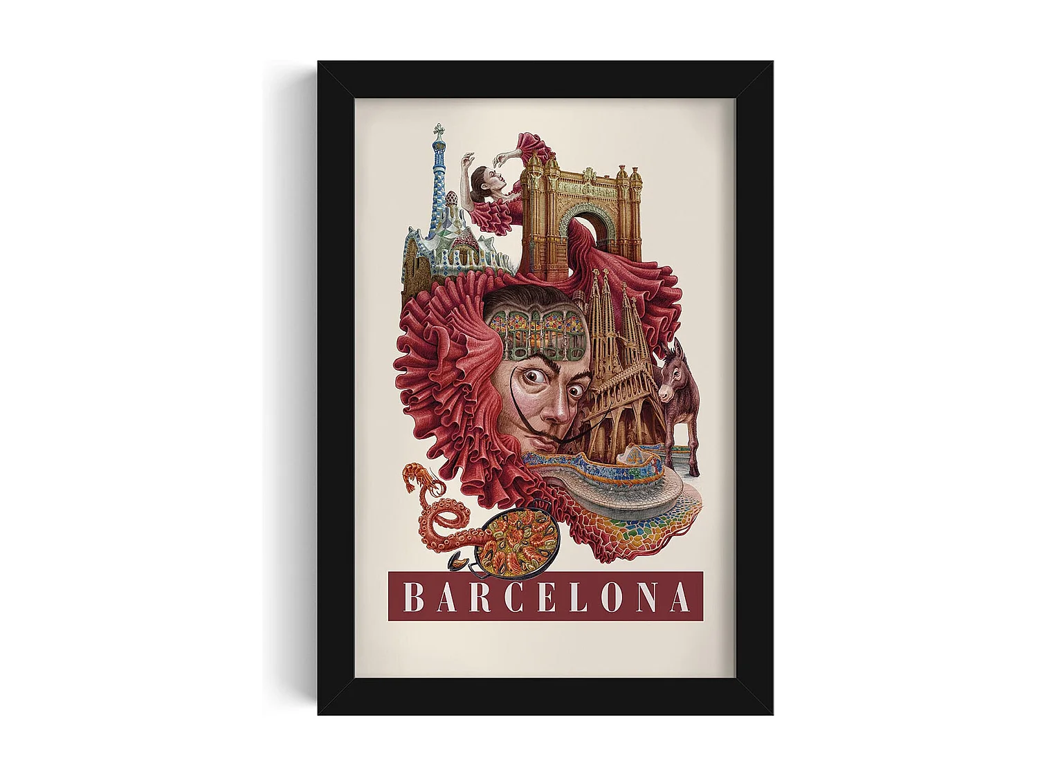 Gerahmtes Bild, spanischer Stadtdruck, schwarze Rahmenkunst Barcelona, ​​städtisches Dekor Barcelona, ​​20x30 cm.