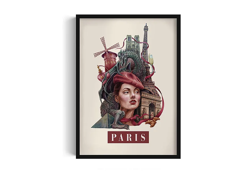 Gerahmtes Bild, elegantes Pariser Stadtdekor, schwarzer Paris-Kunstrahmen, Paris-Druck 50x70 cm, minimalistisches Paris-Bild.