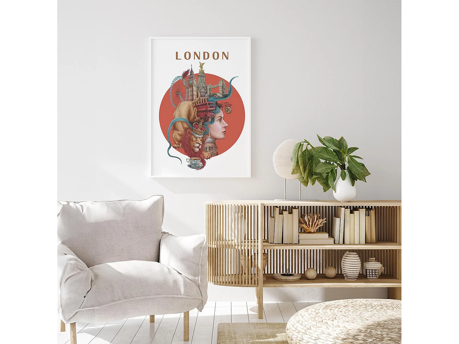 Gerahmtes Bild, britisches Stadtdekor, weißes Rahmenbild London, 40x60 cm Londoner Kunst, Londoner Stadtdruck.