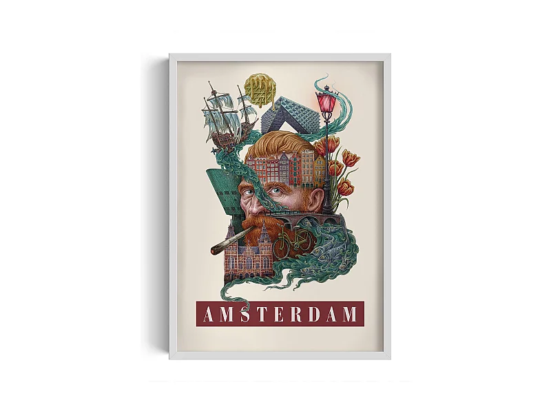 Bild im Rahmen, modernes niederländisches Dekor, Amsterdamer Kunst mit weißem Rahmen, Amsterdamer Stadtbild, Druck 50x70 cm.