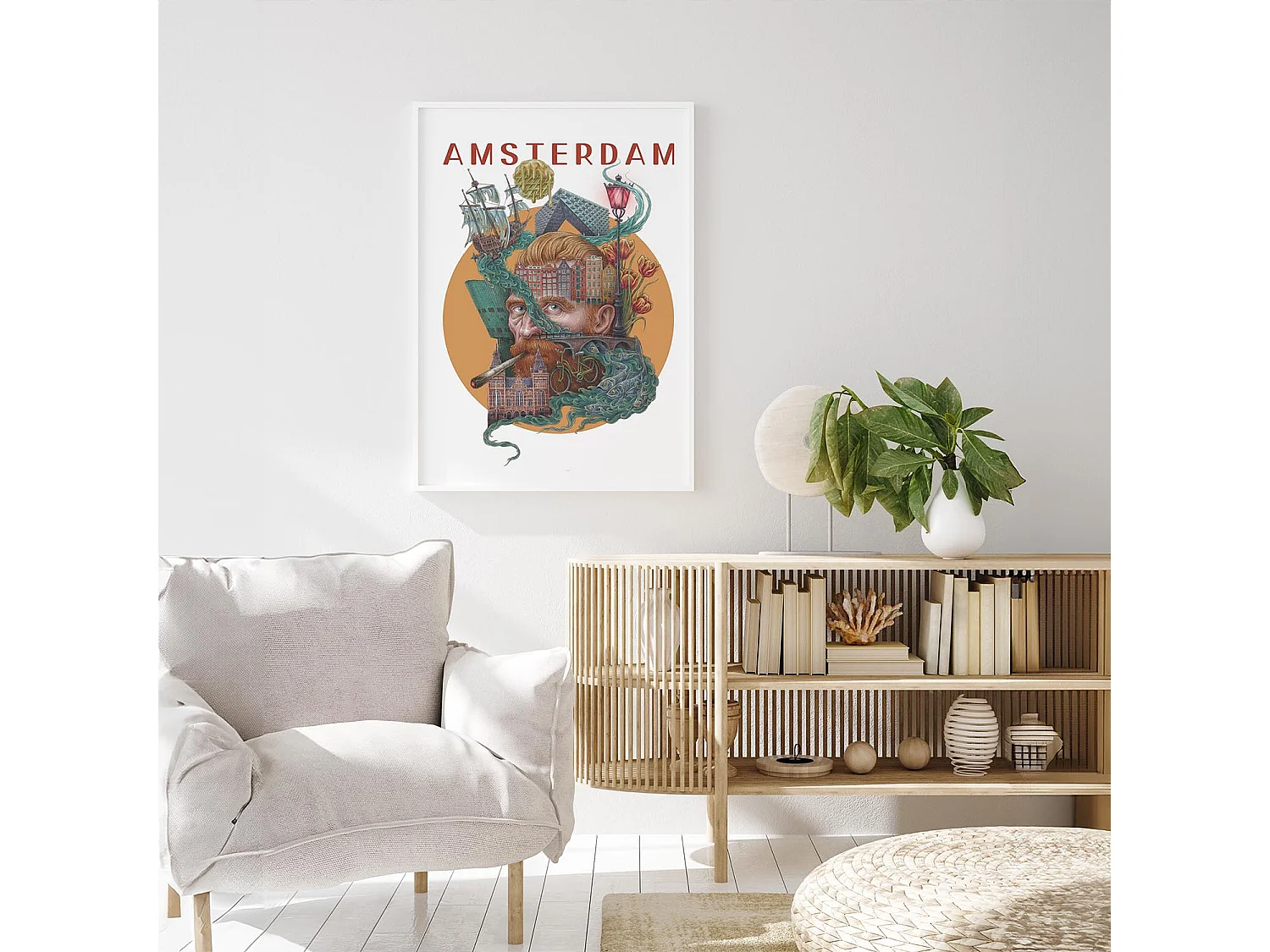 Image dans un cadre, décor de ville néerlandaise, image à cadre blanc Amsterdam, 40x60 cm art d'Amsterdam, imprimé urbain.