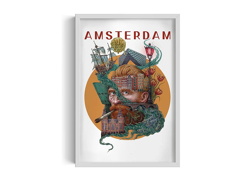 Bild im Rahmen, niederländisches Stadtdekor, Amsterdam weiß gerahmtes Bild, 40x60 cm Amsterdamer Kunst, urbaner Druck.