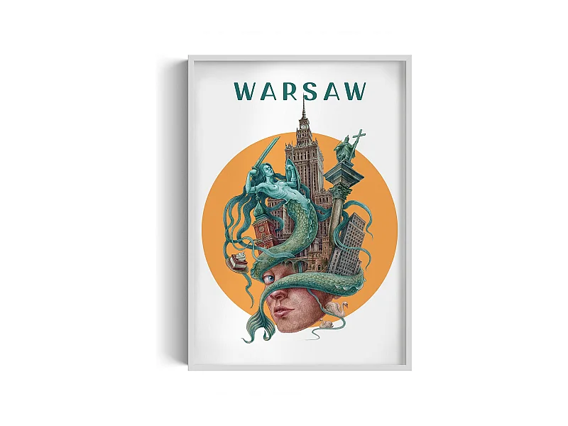 Bild im Rahmen, polnisches Stadtdekor, weiß gerahmtes Bild Warschau, 70x100 cm Warschauer Kunst, urbaner Druck.