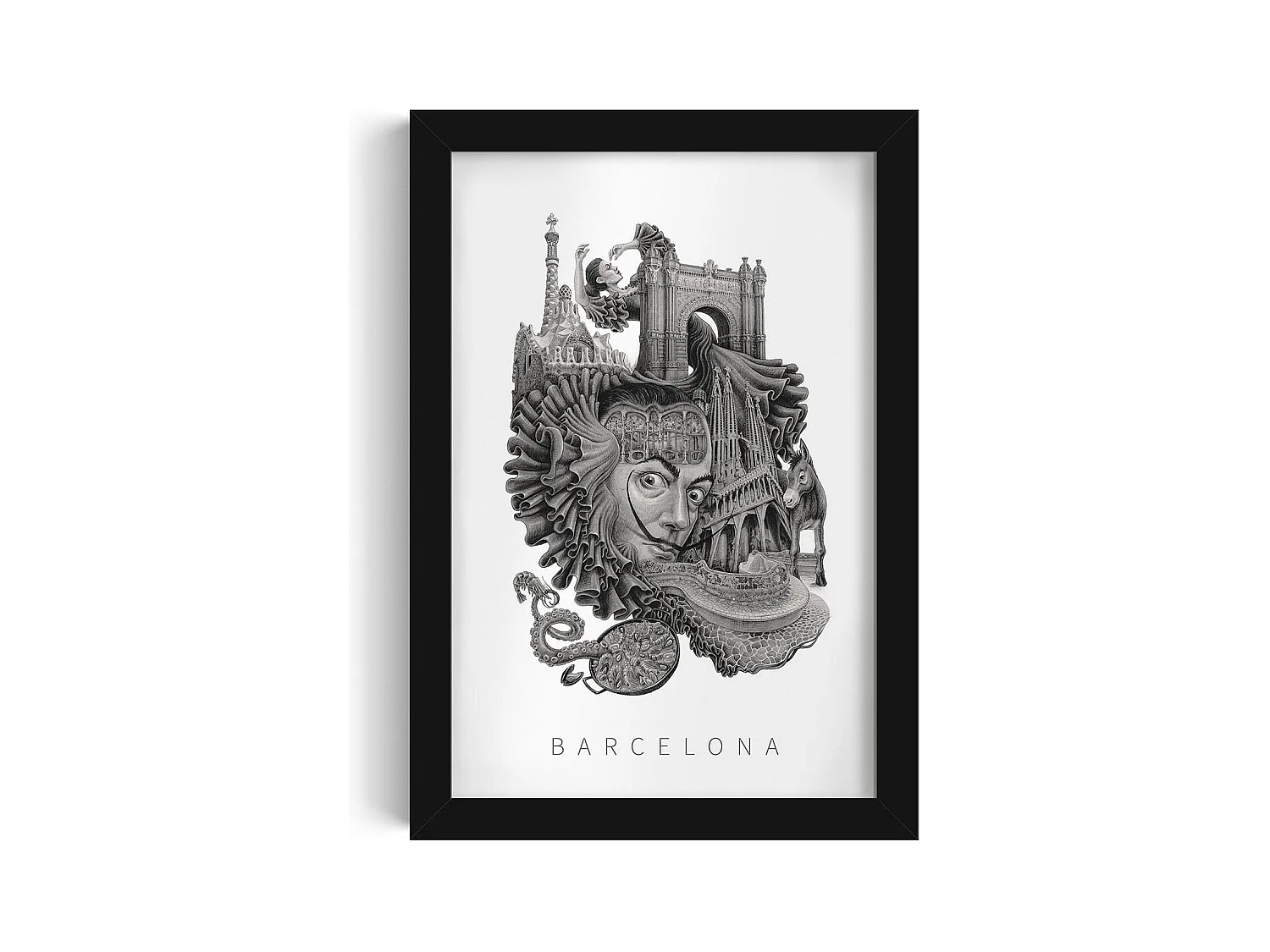 Image encadré, décor espagnol vibrant, cadre noir art Barcelone, imprimé ville minimaliste Barcelone, 20x30 cm.