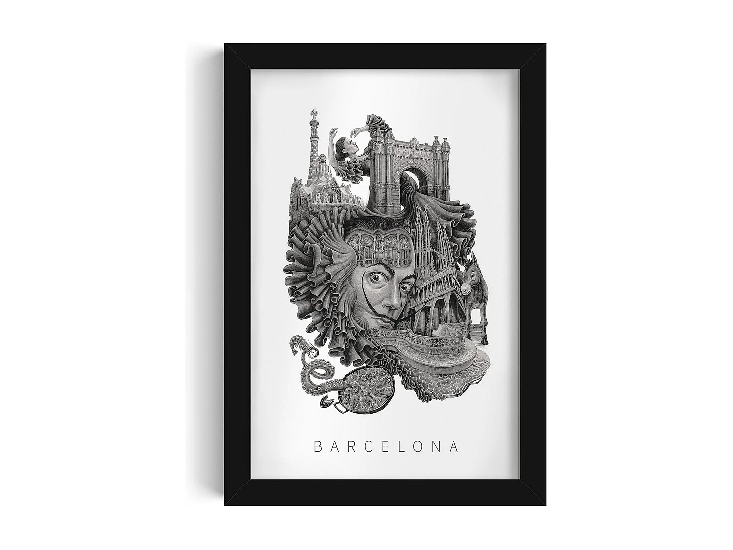 Gerahmtes Bild, lebendiges spanisches Dekor, schwarzer Rahmen der Barcelona-Kunst, minimalistischer Barcelona-Stadtdruck, 20x30 cm.