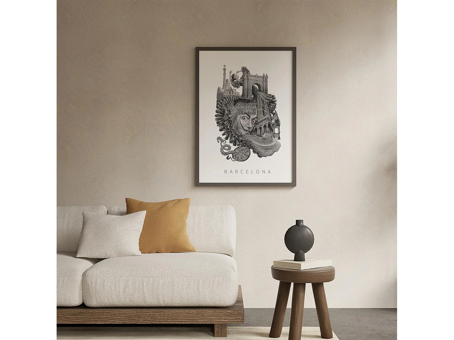 Gerahmtes Bild, lebendiges spanisches Dekor, schwarzer Rahmen der Barcelona-Kunst, minimalistischer Barcelona-Stadtdruck, 20x30 cm.