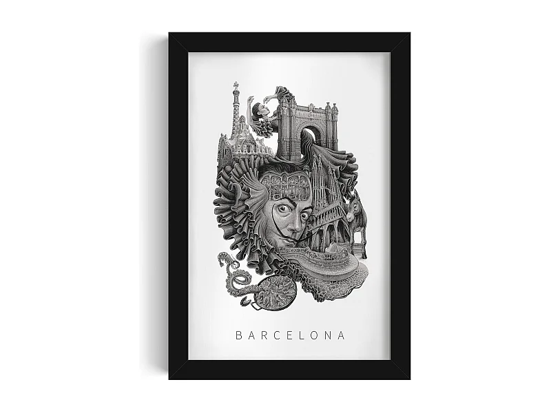 Gerahmtes Bild, lebendiges spanisches Dekor, schwarzer Rahmen der Barcelona-Kunst, minimalistischer Barcelona-Stadtdruck, 20x30 cm.