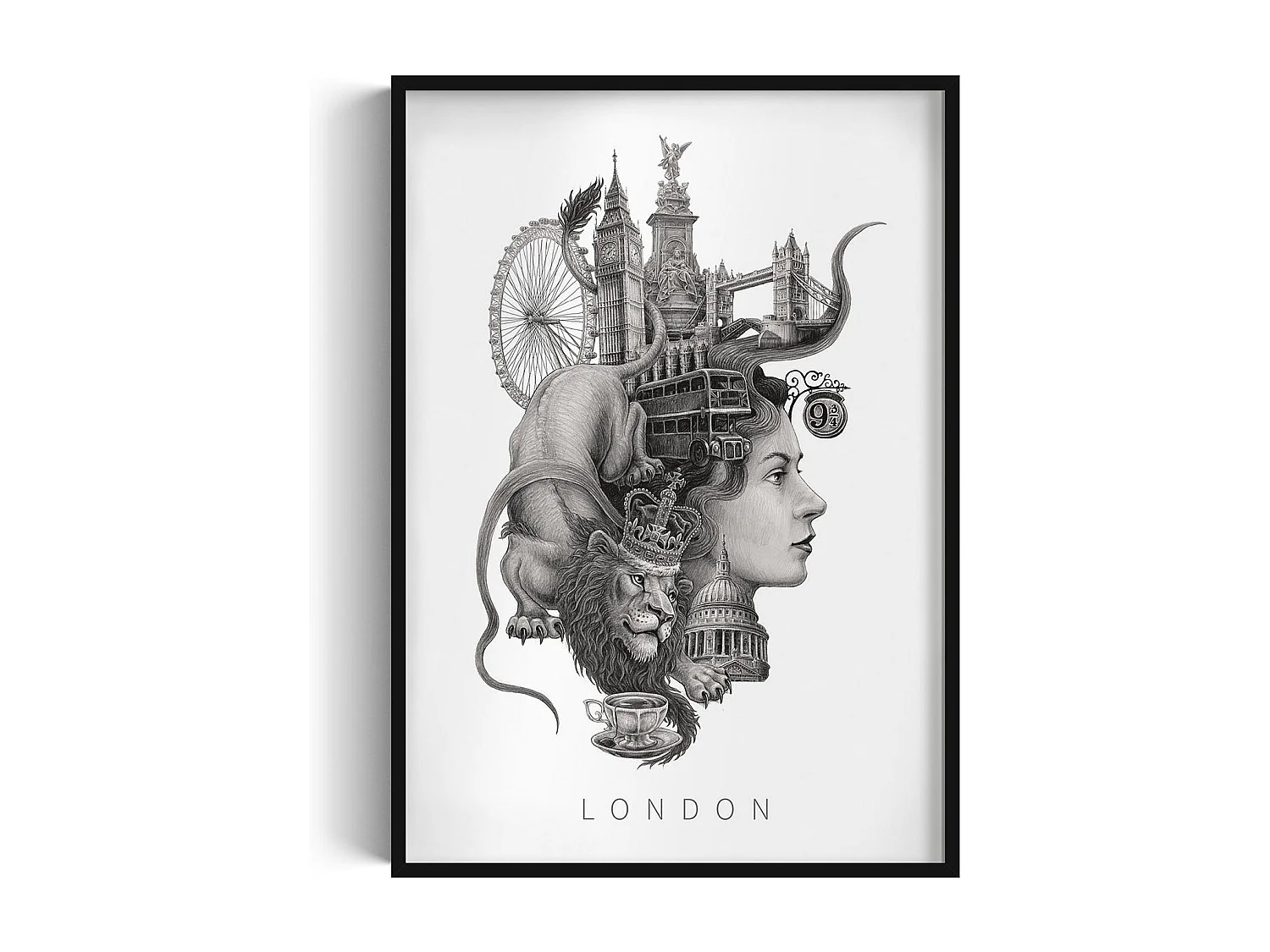 Ingelijste foto, Brits decor, Londense kunst zwarte lijst, minimalistische Londense print, foto in stedelijke stijl, 70x100 cm.
