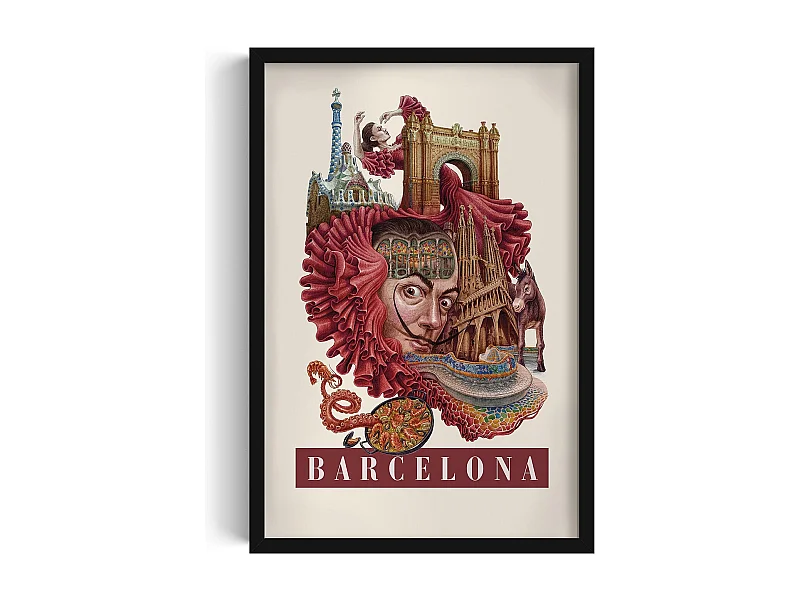 Gerahmtes Bild, spanischer Stadtdruck, schwarze Rahmenkunst Barcelona, ​​städtisches Dekor Barcelona, ​​40x60 cm.