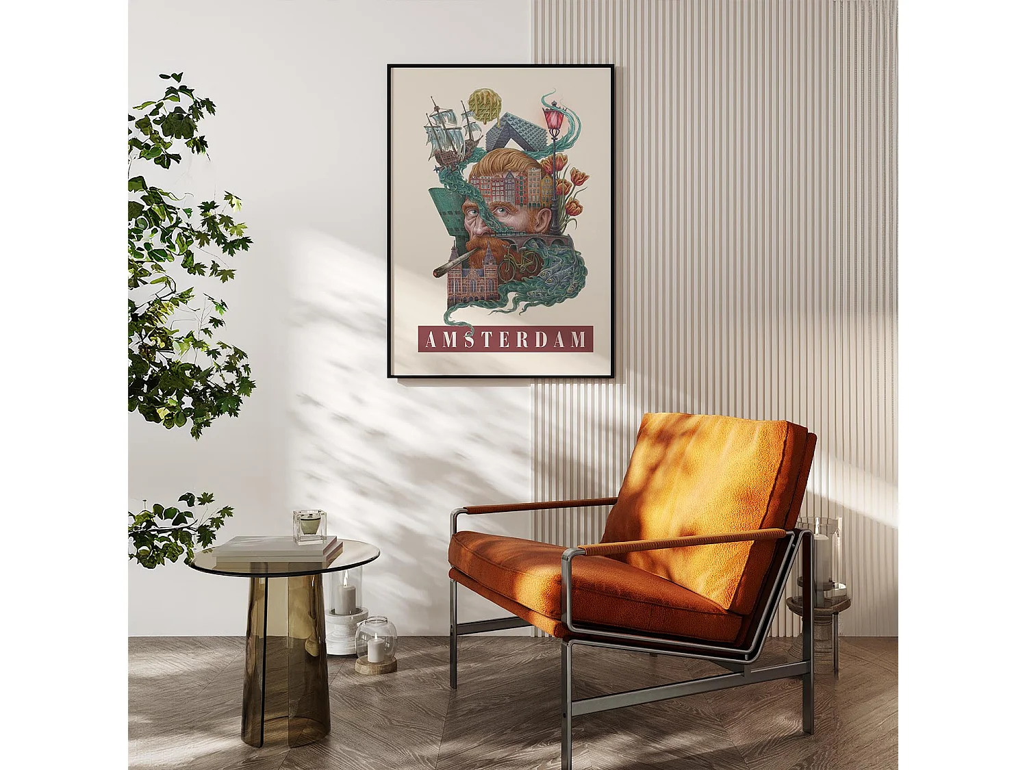 Bild im Rahmen, modernes niederländisches Dekor, Amsterdamer Kunst schwarzer Rahmen, Amsterdamer Stadtbild, Druck 50x70 cm.