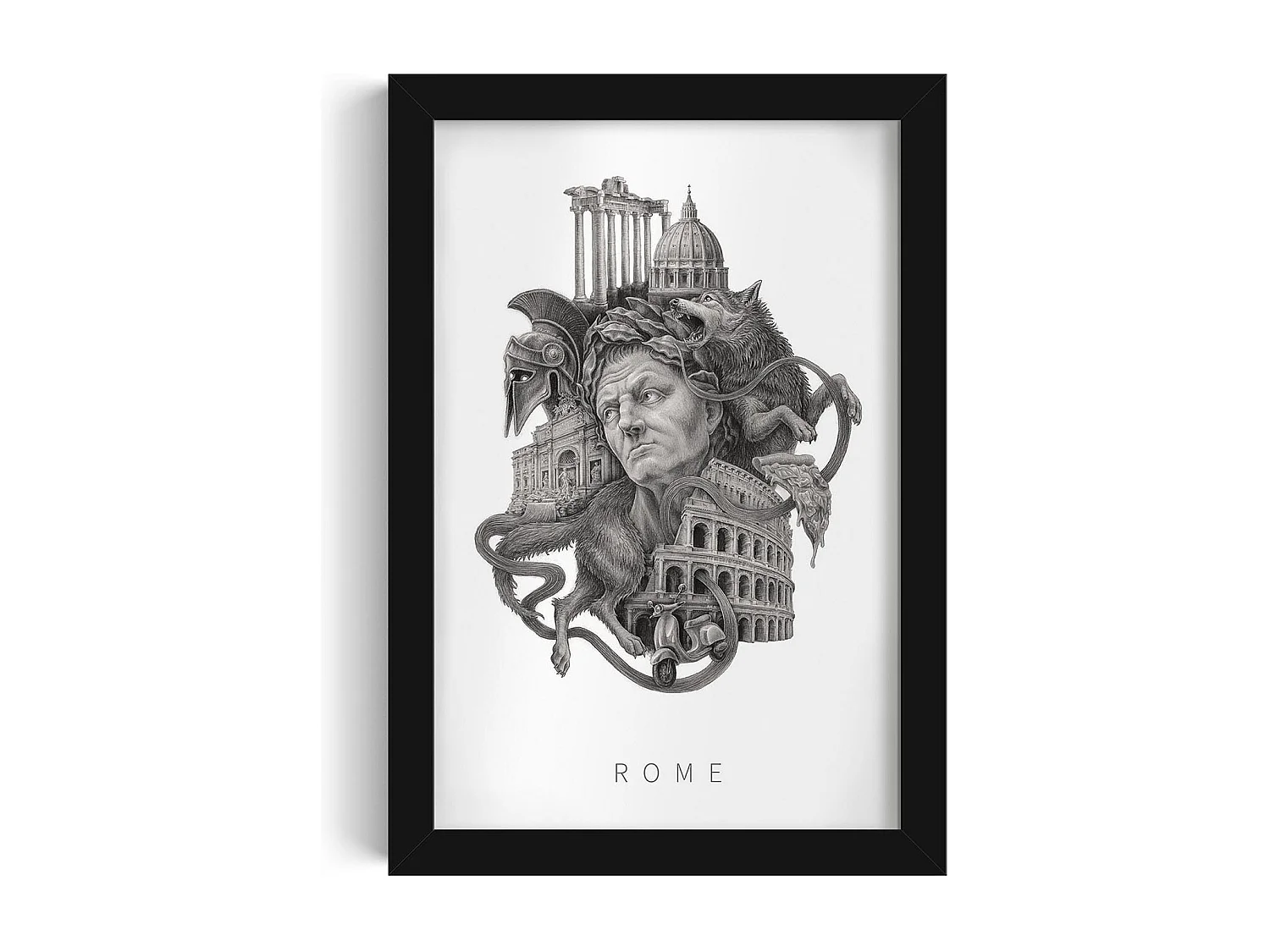 Bild im Rahmen, elegante italienische Dekoration, Rom-Kunst schwarzer Rahmen, Stadtbild von Rom, Rom-Design 20x30 cm.