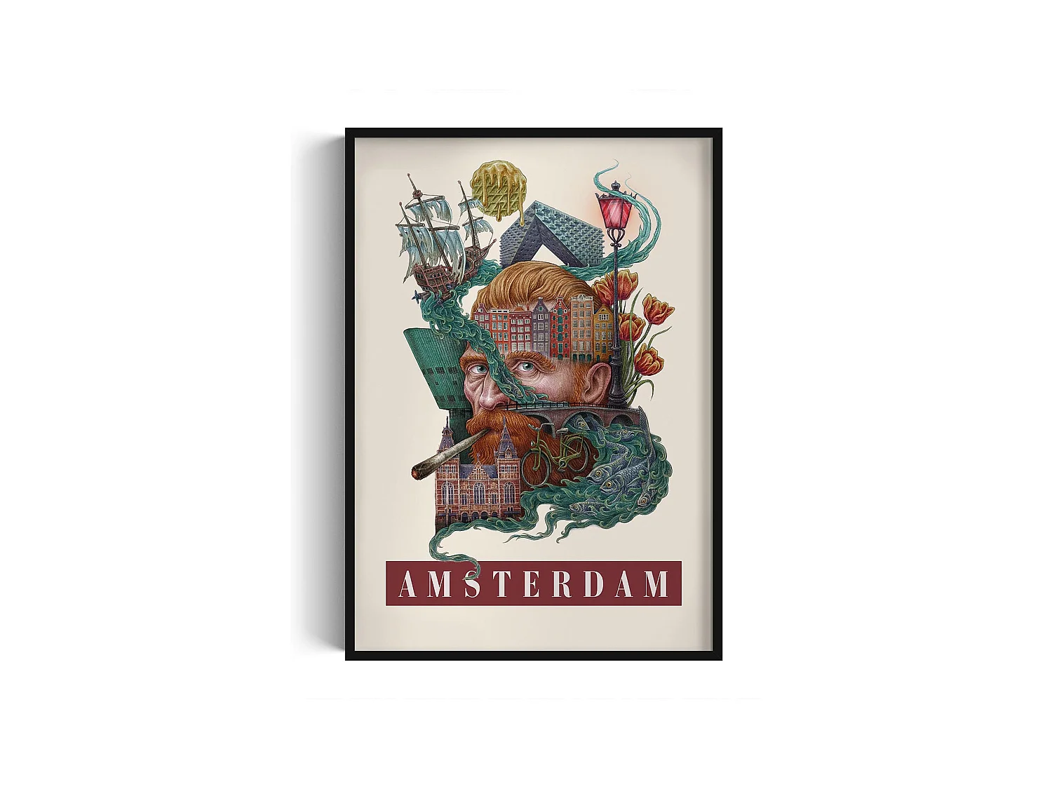 Image dans un cadre, décor hollandais moderne, cadre noir art d'Amsterdam, image urbaine d'Amsterdam, impression 70x100 cm.