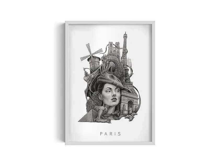 Image dans un cadre, décoration française moderne, cadre blanc art Paris, imprimé Paris minimaliste, design Paris 50x70 cm.