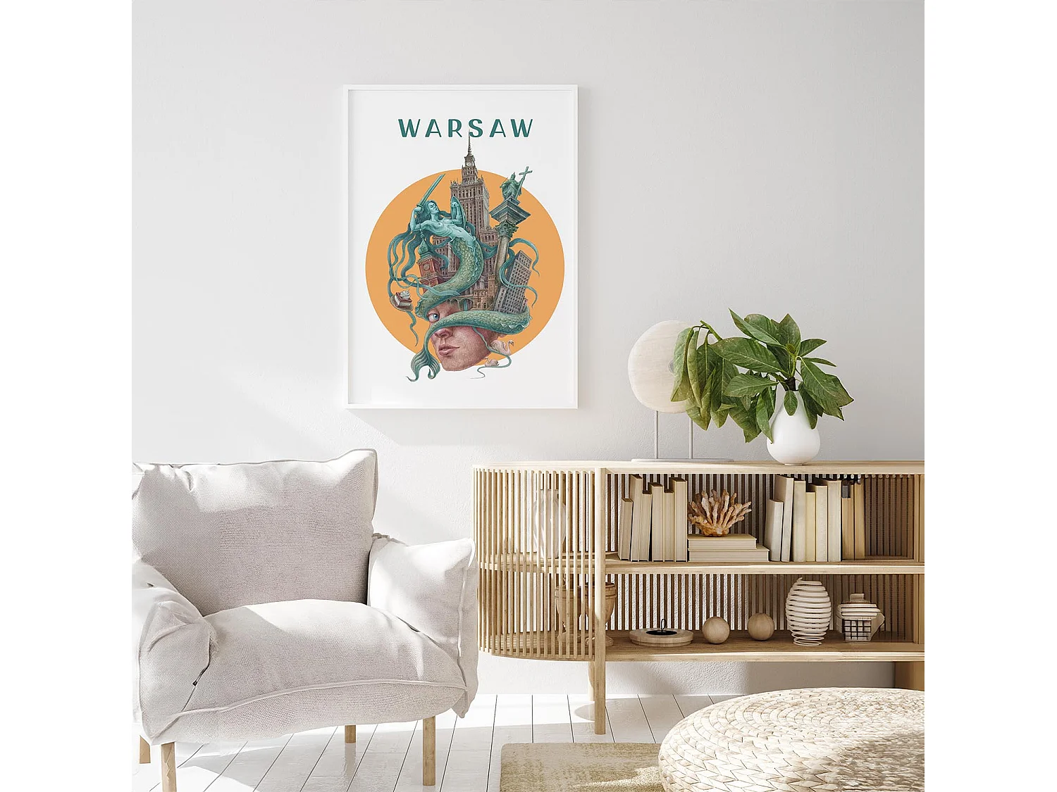 Bild im Rahmen, polnisches Stadtdekor, weiß gerahmtes Bild Warschau, 50x70 cm Warschauer Kunst, urbaner Druck.