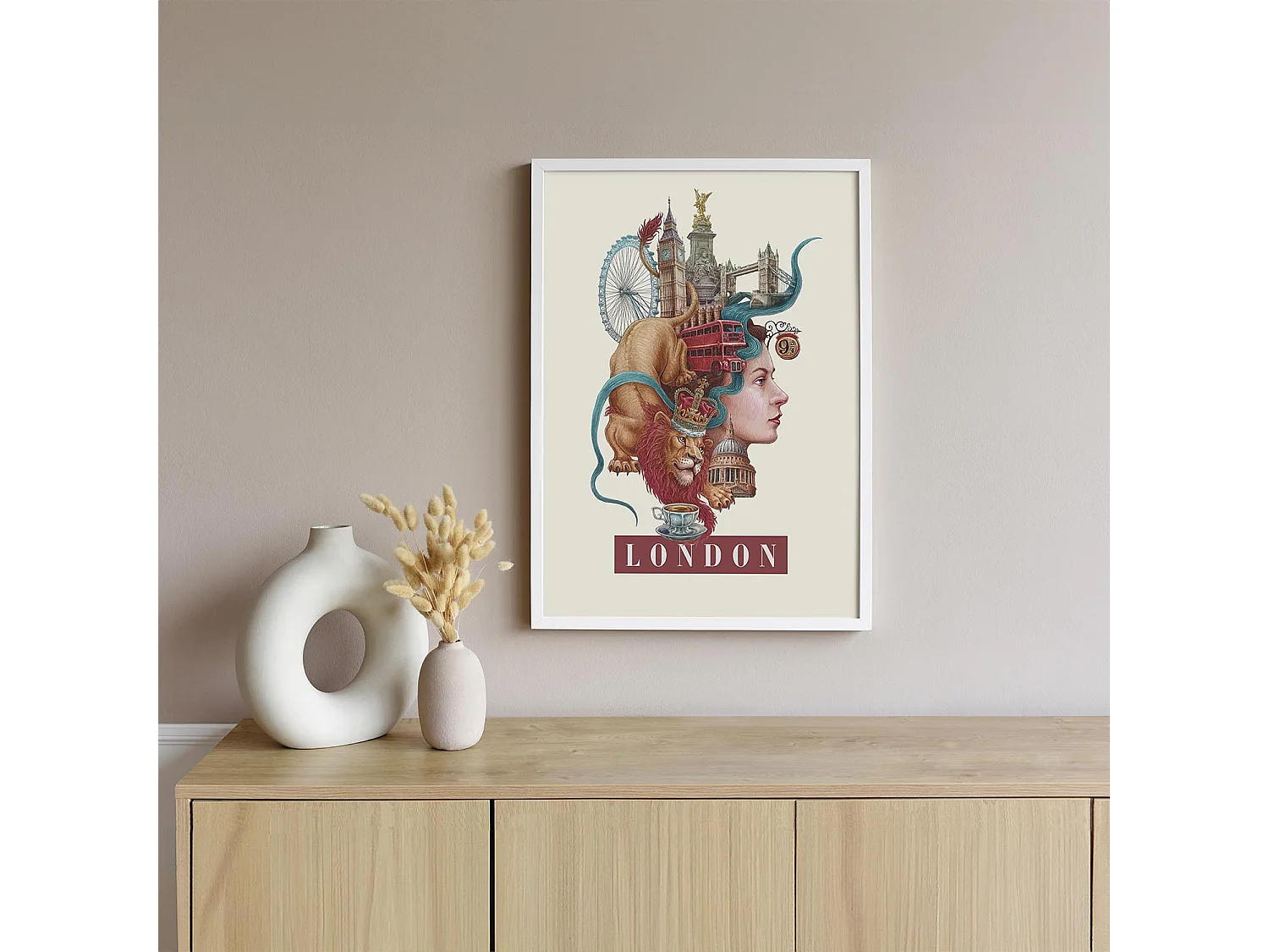 Gerahmtes Bild, Londoner Stadtdekor, weißer Rahmen, Londoner Kunst, minimalistisches Londoner Stadtbild, 70 x 100 cm.