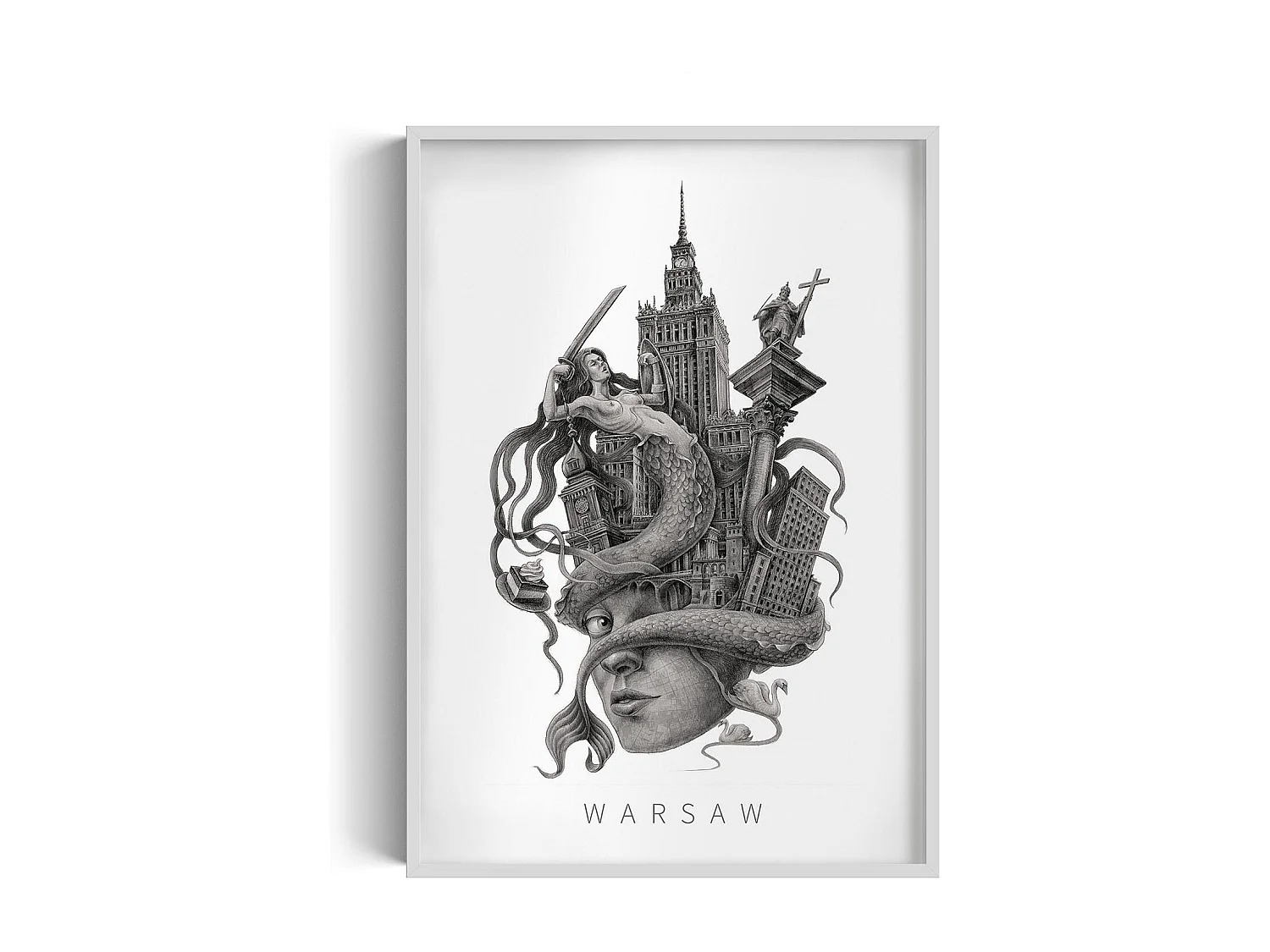 Gerahmtes Bild, polnisches Dekor, weißer Rahmen, Warschauer Kunst, Warschauer minimalistischer Druck, urbanes Design 70x100 cm.