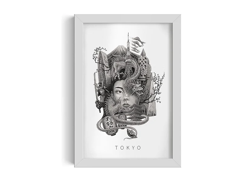 Gerahmtes Bild, raffiniertes japanisches Stadtdekor, weißer Rahmen der Tokio-Kunst, Stadtbild Tokio, 20x30 cm.