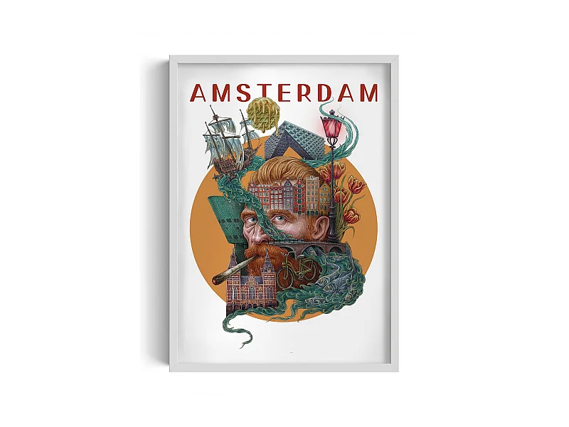 Bild im Rahmen, niederländisches Stadtdekor, Amsterdam weiß gerahmtes Bild, 50x70 cm Amsterdamer Kunst, urbaner Druck.