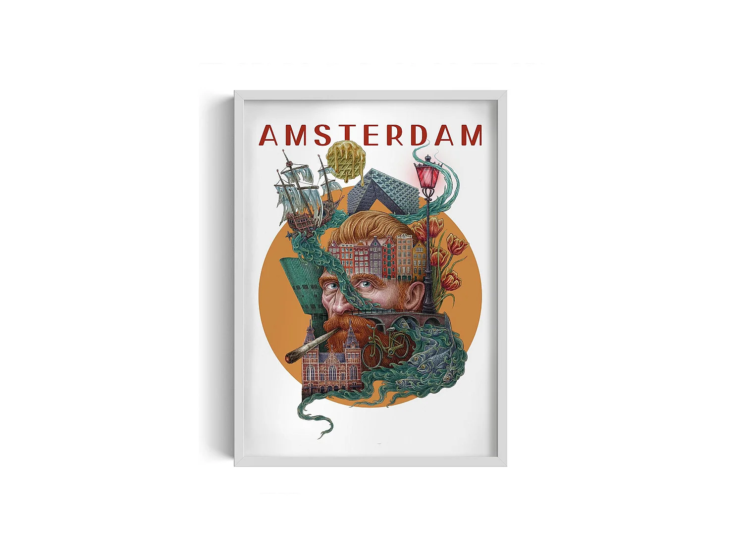 Image dans un cadre, décor de ville néerlandaise, image à cadre blanc Amsterdam, 50x70 cm art d'Amsterdam, imprimé urbain.