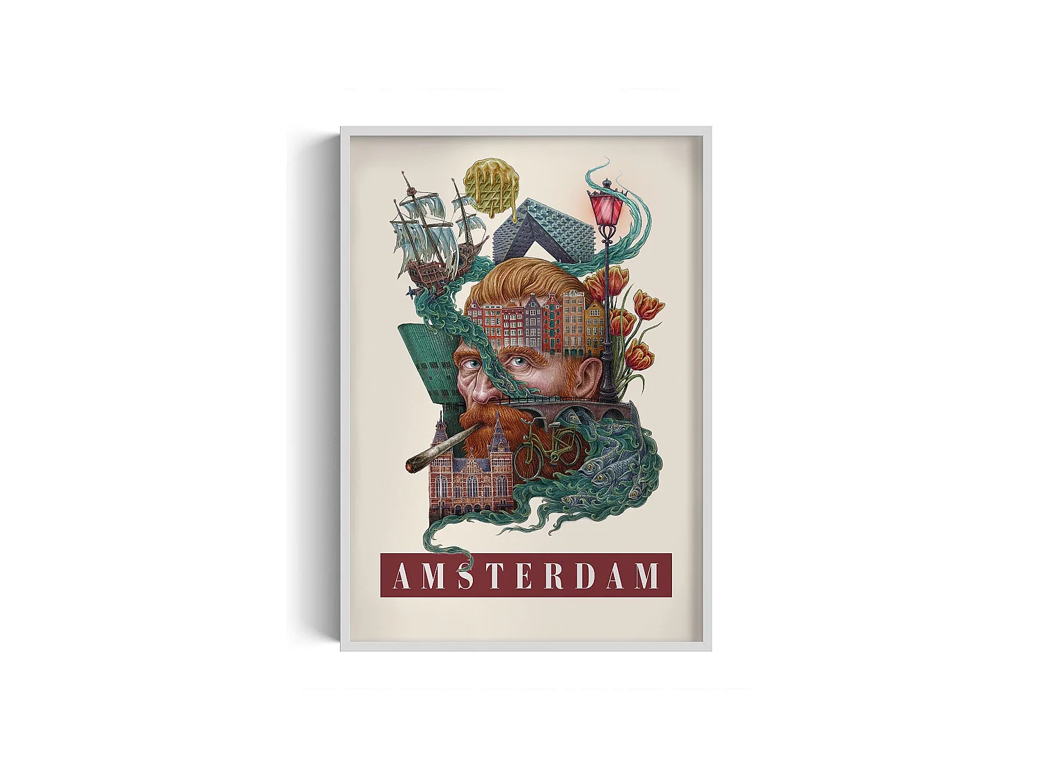 Quadro con cornice, arredamento moderno olandese, cornice bianca artistica di Amsterdam, quadro urbano di Amsterdam, stampa 70x100 cm.