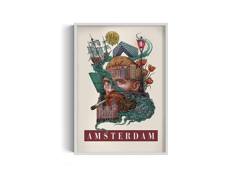 Bild im Rahmen, modernes niederländisches Dekor, weißer Rahmen der Amsterdamer Kunst, Amsterdamer Stadtbild, Druck 70x100 cm.
