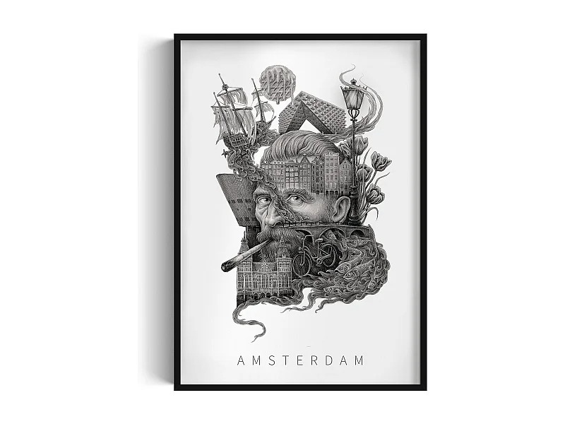 Image encadré, décor hollandais élégant, cadre noir art Amsterdam, image urbaine 70x100 cm Amsterdam.