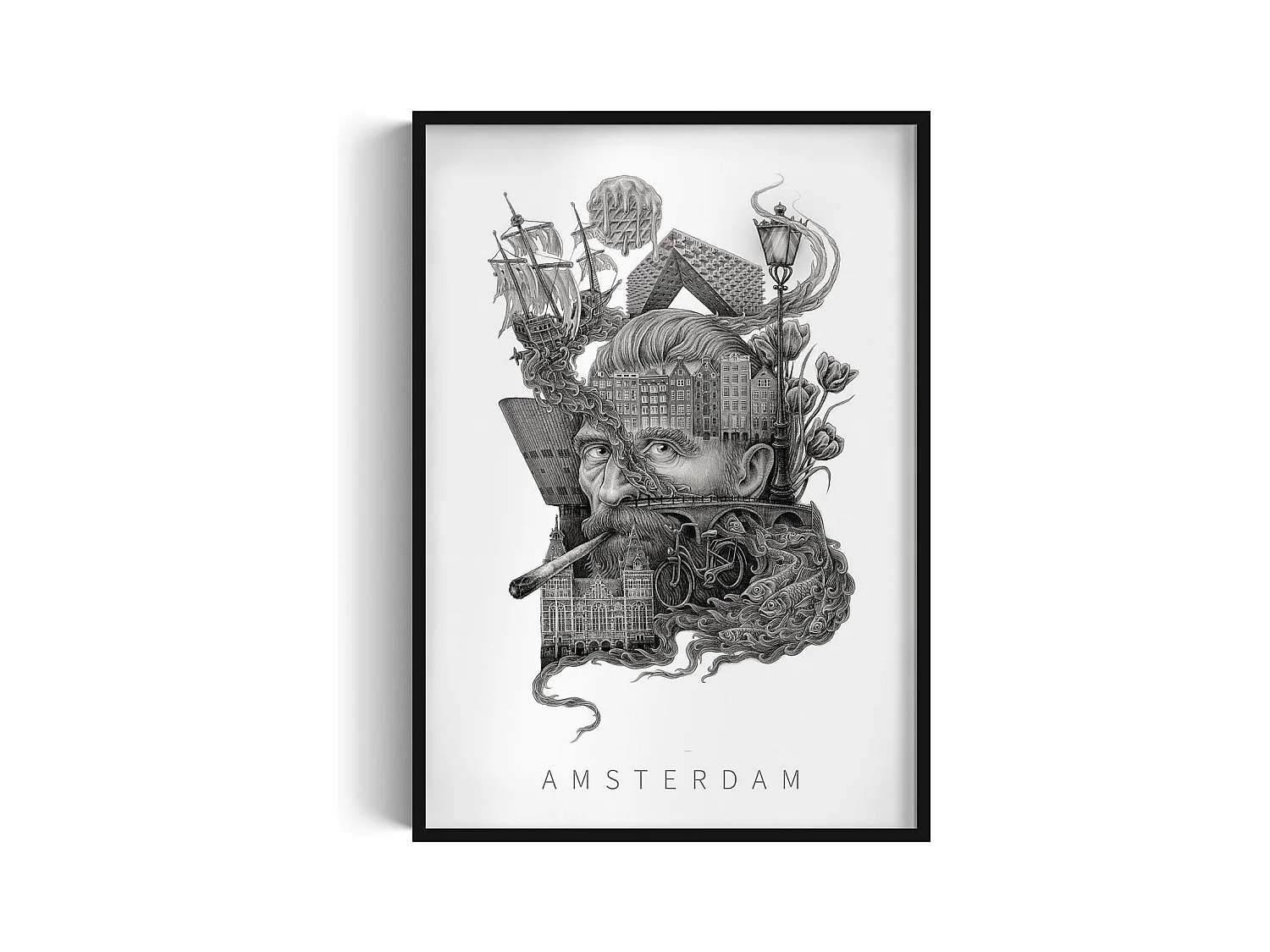 Image encadré, décor hollandais élégant, cadre noir art Amsterdam, image urbaine 70x100 cm Amsterdam.