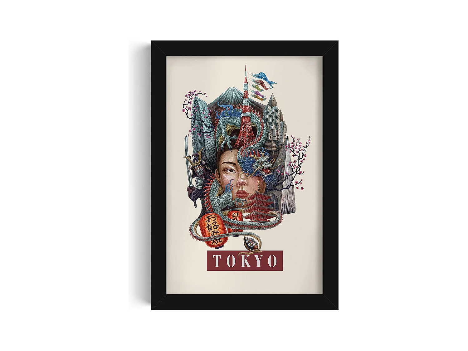 Image encadré, déco ville japonaise, imprimé Tokyo cadre noir, image Tokyo style urbain, 20x30 cm.