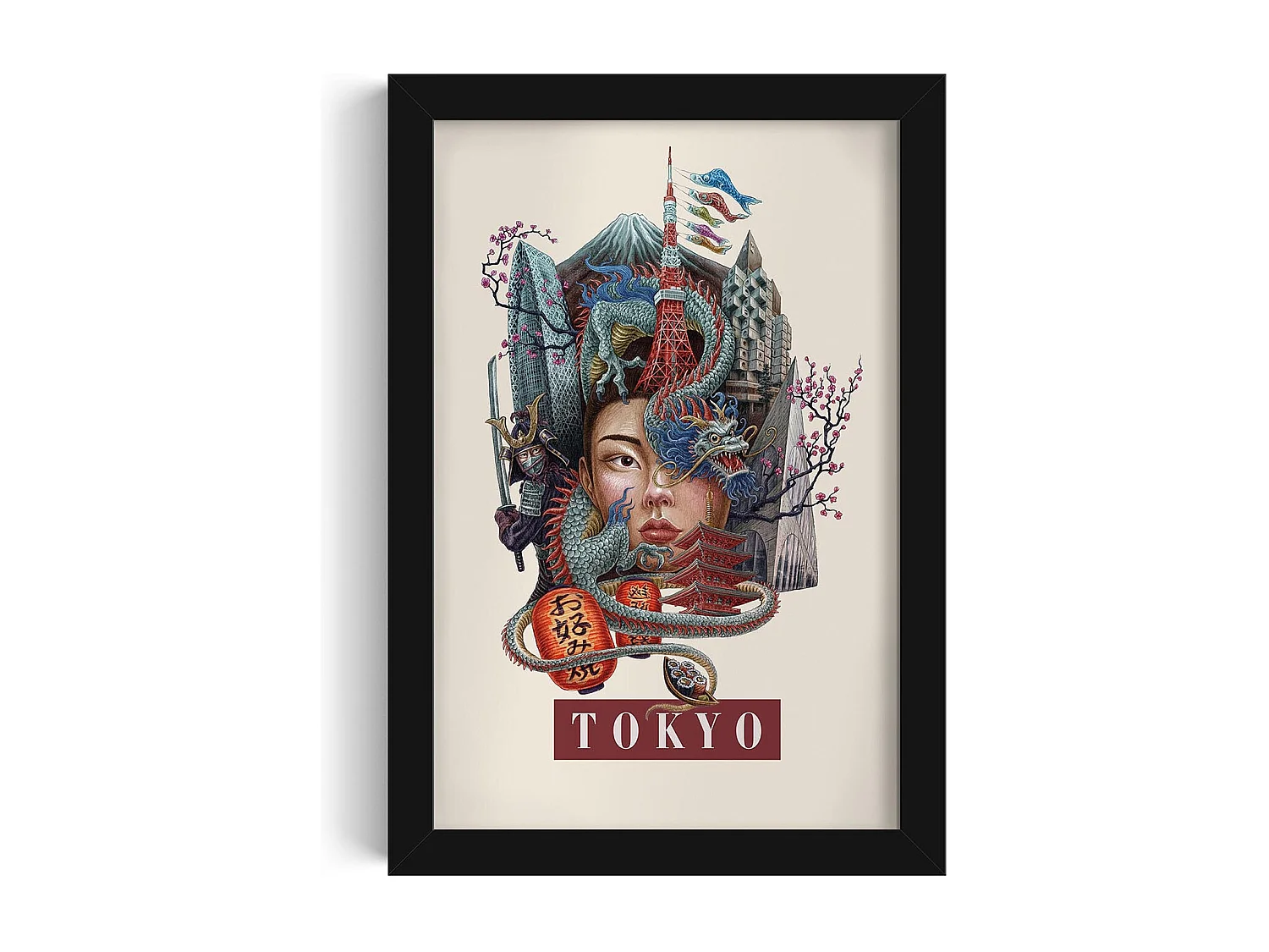 Gerahmtes Bild, japanisches Stadtdekor, Tokio-Druck in schwarzem Rahmen, Bild im städtischen Tokio-Stil, 20 x 30 cm.