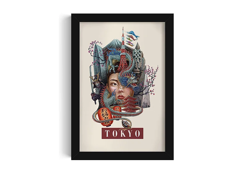 Gerahmtes Bild, japanisches Stadtdekor, Tokio-Druck in schwarzem Rahmen, Bild im städtischen Tokio-Stil, 20 x 30 cm.