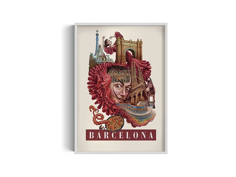 Ingelijste afbeelding, Spaanse stadsprint, Barcelona witte lijstkunst, Barcelona urban decor, 70x100 cm.