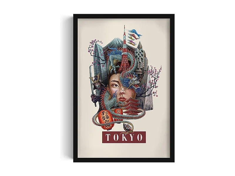 Ingelijste afbeelding, Japans stadsdecor, Tokyo print in zwarte lijst, afbeelding in stedelijke stijl Tokyo, 40x60 cm.