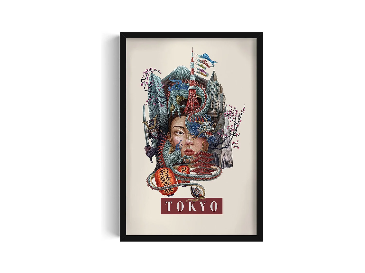 Image encadré, déco ville japonaise, imprimé Tokyo cadre noir, image Tokyo style urbain, 40x60 cm.