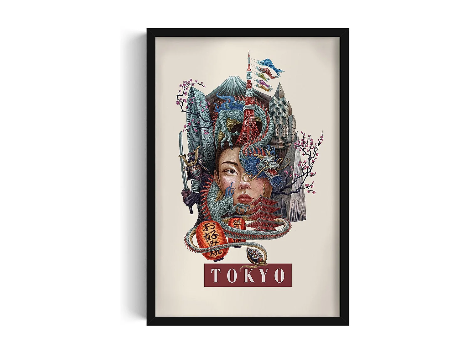 Gerahmtes Bild, japanisches Stadtdekor, Tokio-Druck in schwarzem Rahmen, Bild im städtischen Tokio-Stil, 40 x 60 cm.