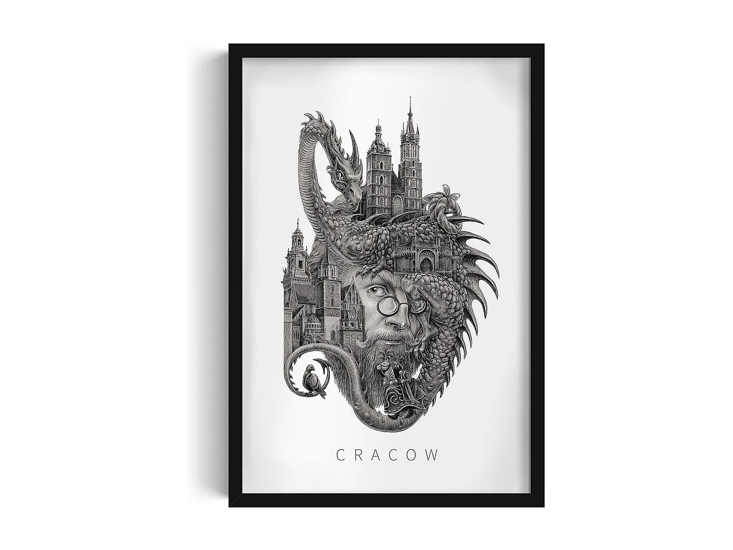Image dans un cadre, décor de ville polonaise encadré, art cadre noir Cracovie, impression murale minimaliste Cracovie 40x60 cm