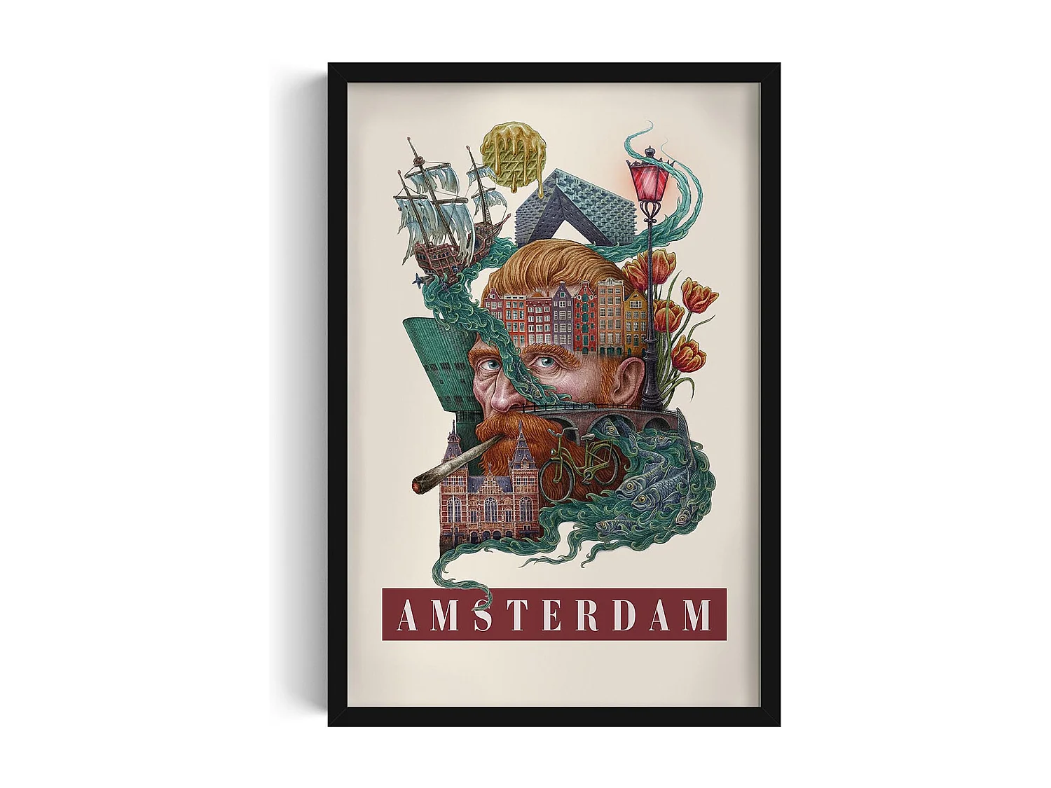 Bild im Rahmen, modernes niederländisches Dekor, schwarzer Rahmen Amsterdamer Kunst, Stadtbild von Amsterdam, Druck 40x60 cm.