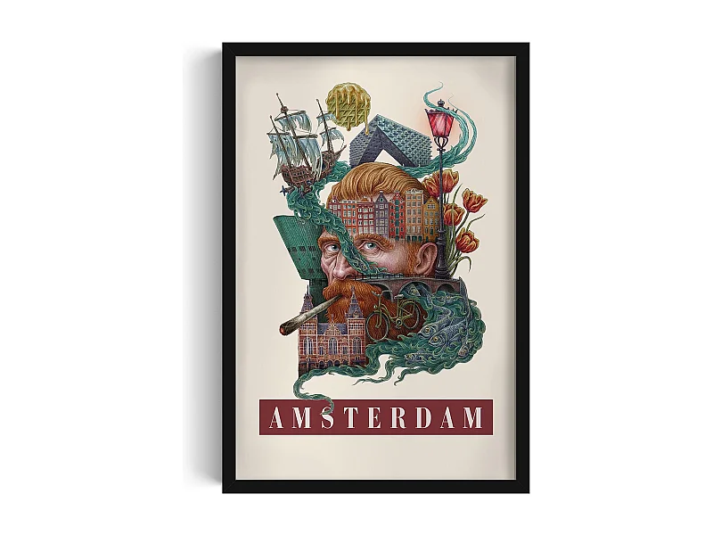 Bild im Rahmen, modernes niederländisches Dekor, schwarzer Rahmen Amsterdamer Kunst, Stadtbild von Amsterdam, Druck 40x60 cm.